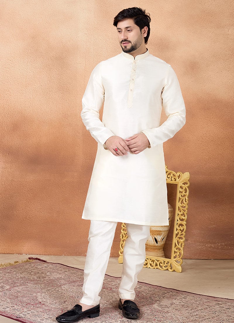 Pure Cream Silk Kurta Pyjama Festive Wear
