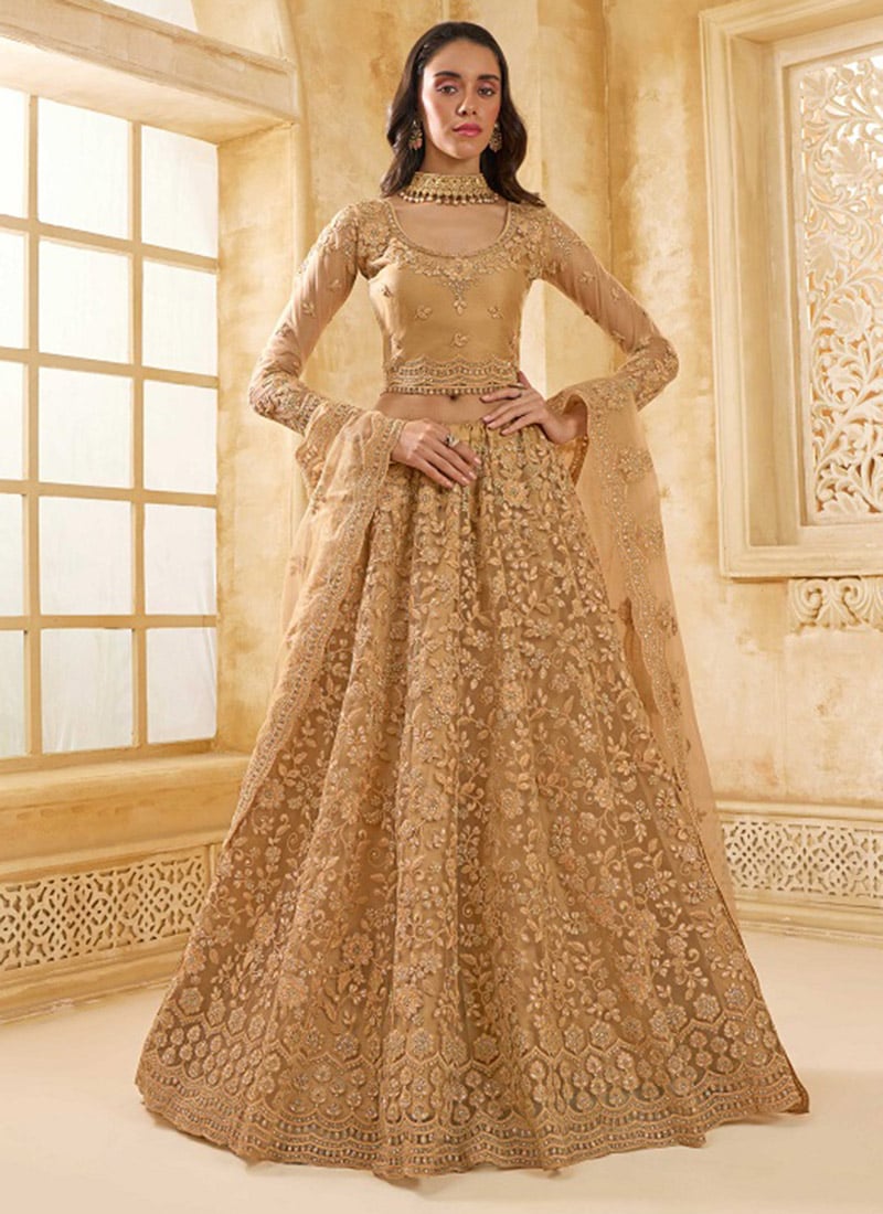 Pure Elegance Fawn Net Lehenga With Detailed Stone Embroidery Wedding Wear