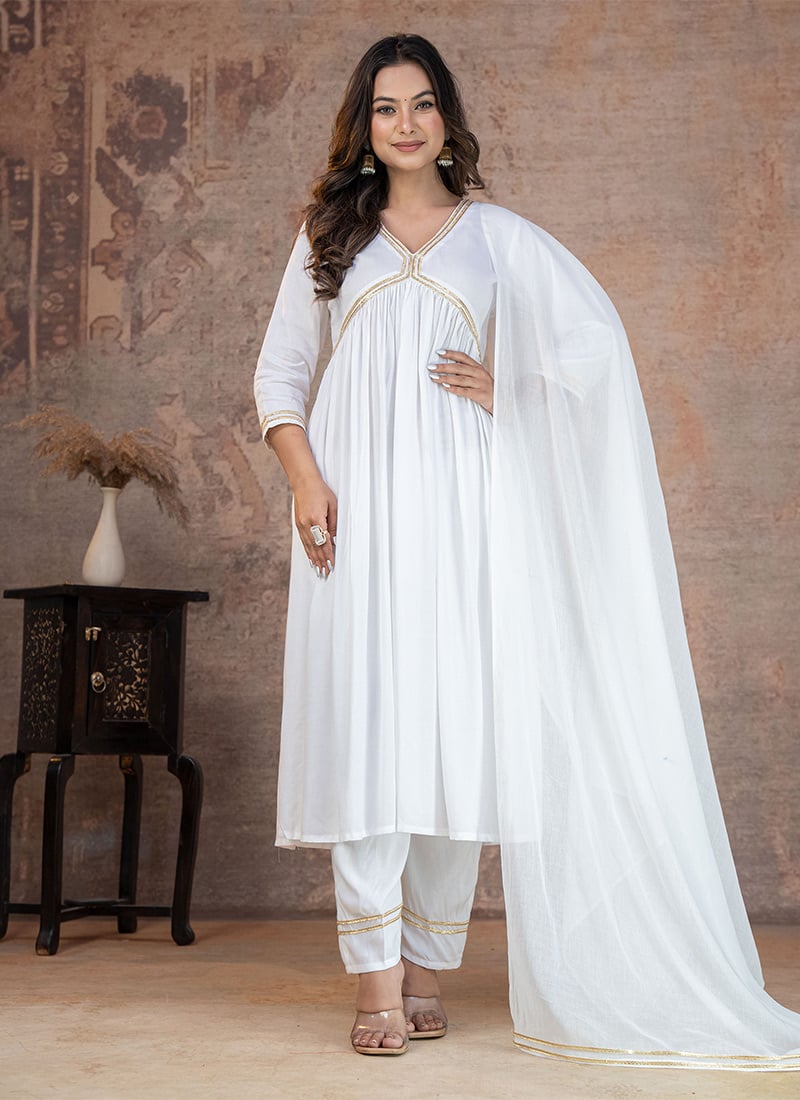 Pure White Rayon Zari Lace Work Anarkali Suit After Six Wear