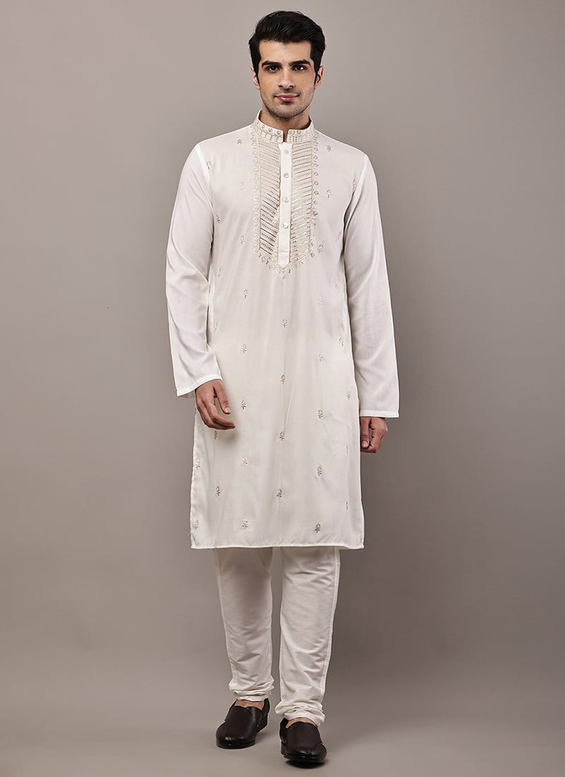 Pure White Viscose Silk Embroidered Sequins Kurta Pyjama Festive Wear