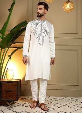 Pure White Viscose Silk Embroidered Sequins Kurta Pyjama