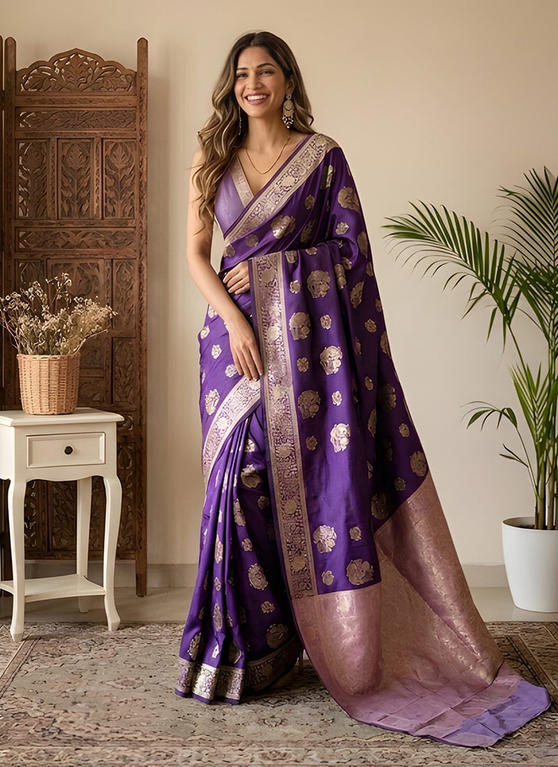 Purple Banarasi Silk Zari Saree Festive Wear