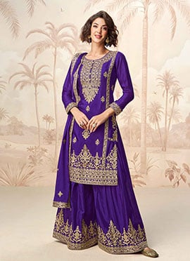 Purple  Chinon Silk Embroidered Sequins Palazzo Suit