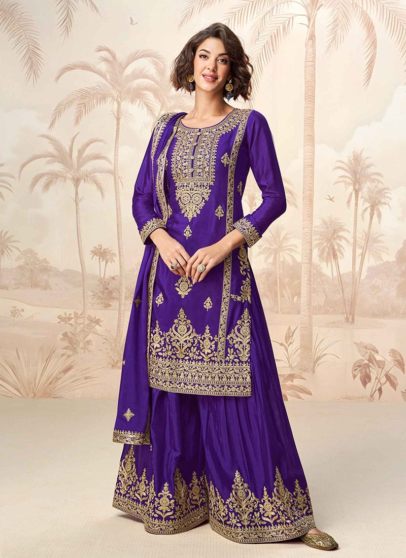 Purple  Chinon Silk Embroidered Sequins Palazzo Suit Festive Wear