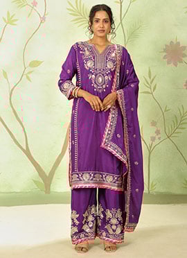 Purple Chinon Silk Zari Embroidered Sequins Straight Pant Suit Festive Wear