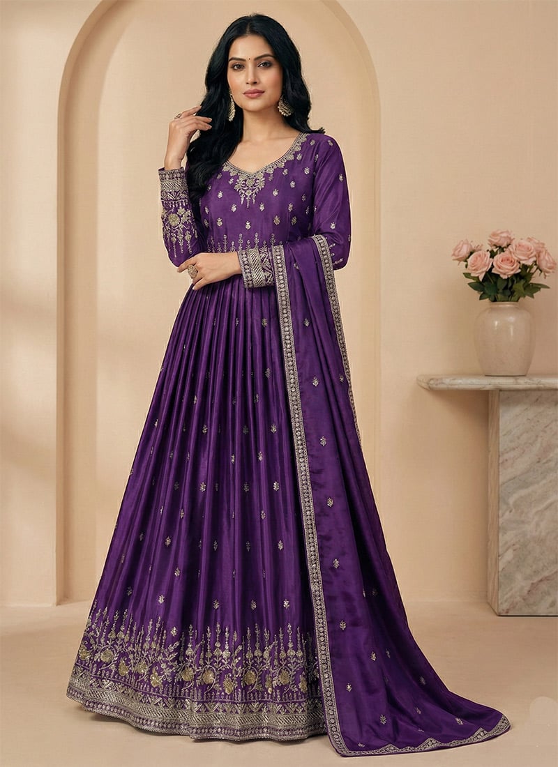 Purple American Silk Embroidered Sequin Anarkali Suit Festive Wear