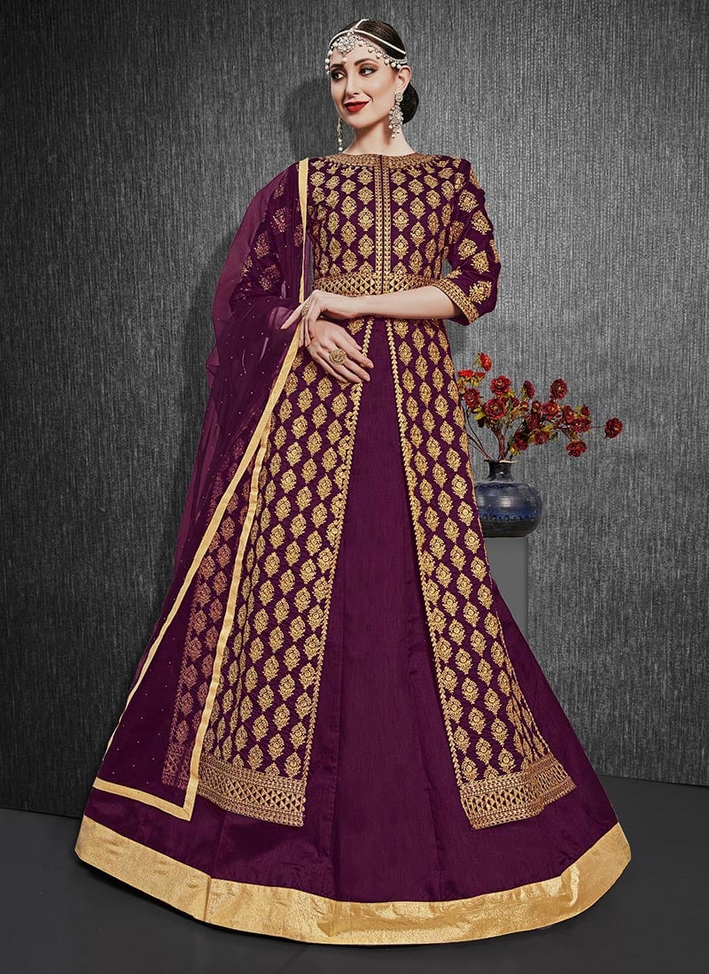 Purple Art Silk Anarkali A Line Lehenga