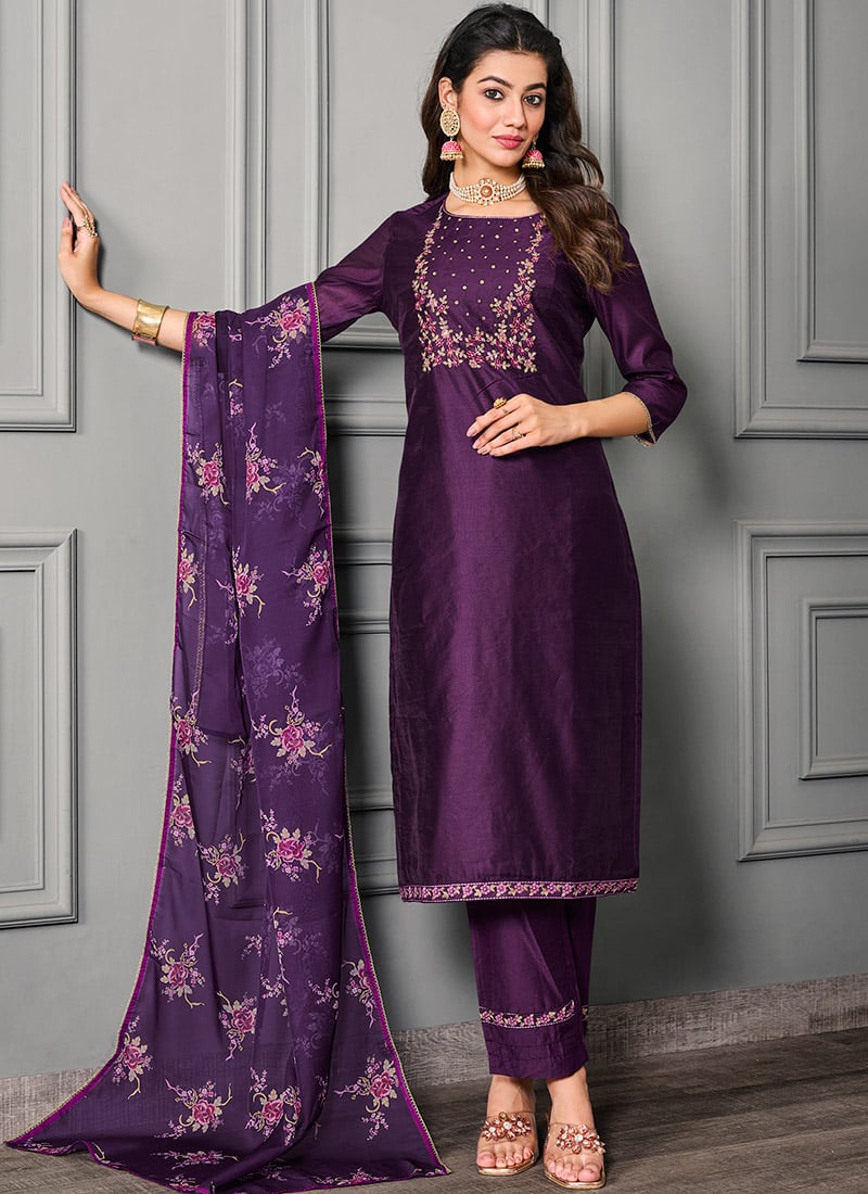 Purple Art Silk Cotton Embroidered Straight Pant Suit After Six Wear