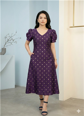 Purple Art Silk Cotton Midi Dress