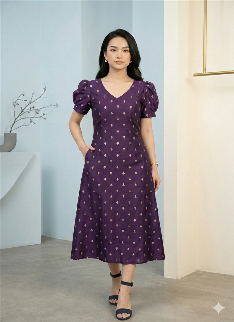 Purple Art Silk Cotton Midi Dress After Six Wear