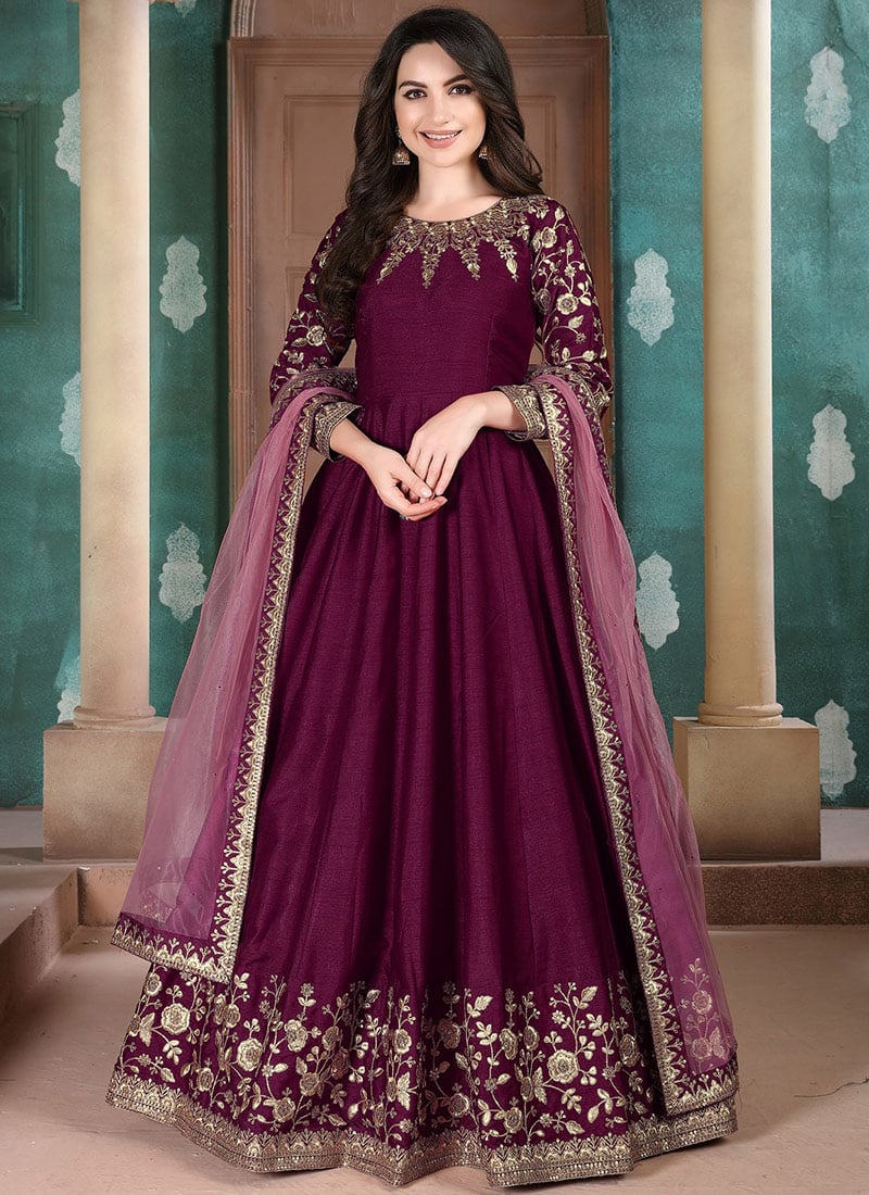 Purple Art Silk Embroidered Anarkali Suit Party Wear
