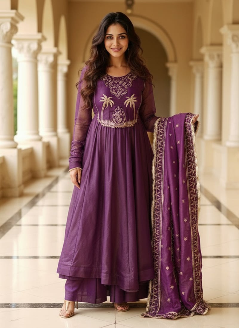 Purple Art Silk Embroidered Sequins Anarkali Suit Festive Wear