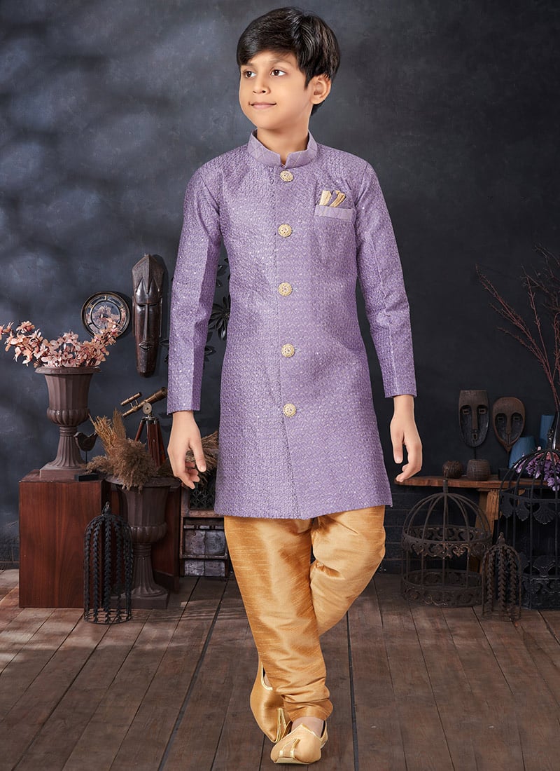 Purple Art Silk Jacquard Kids Boys Indowestern Sherwani Party Wear