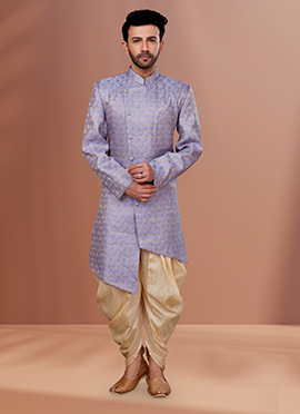 Purple Art Silk Jacquard N Printed Indowestern Sherwani