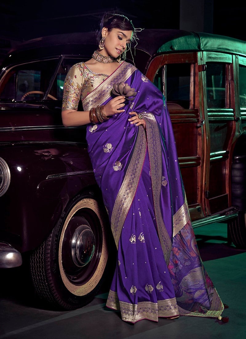 Purple Art Silk Resham Zari Digital Print Saree Festive Wear