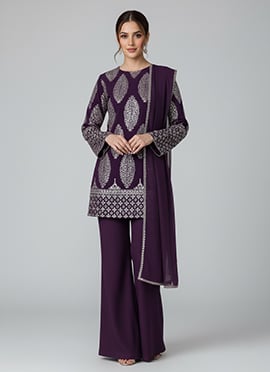 Purple Art Silk Sequins Embroidered Palazzo Suit