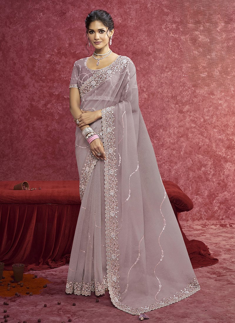 Purple Banarasi Crush Silk Zari Embroidered Sequins Resham Saree