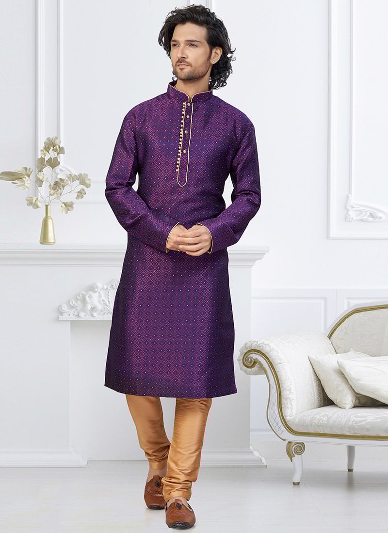 Purple Banarasi Jacquard Silk Kurta Pyjama Festive Wear
