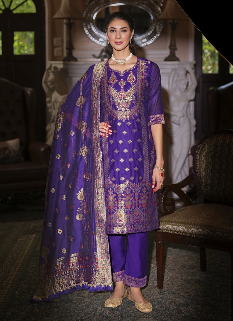 Purple Banarasi Jacquard Silk Straight Pant Suit