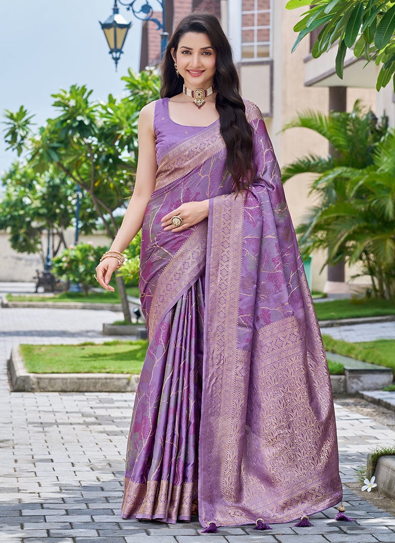 Purple Banarasi Satin Silk Jacquard Woven Saree Festive Wear