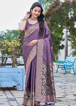 Purple Banarasi Satin Silk Jacquard Woven Saree With Zari Border