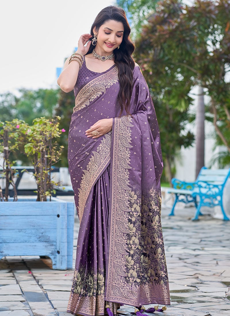 Purple Banarasi Satin Silk Jacquard Woven Saree With Zari Border Festive Wear