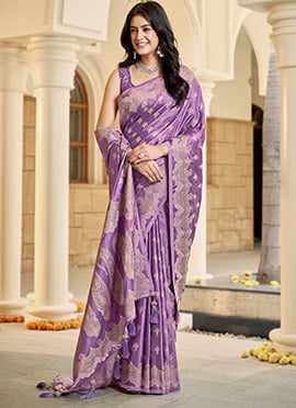 Purple Banarasi Satin Silk Regal Zari Woven Saree