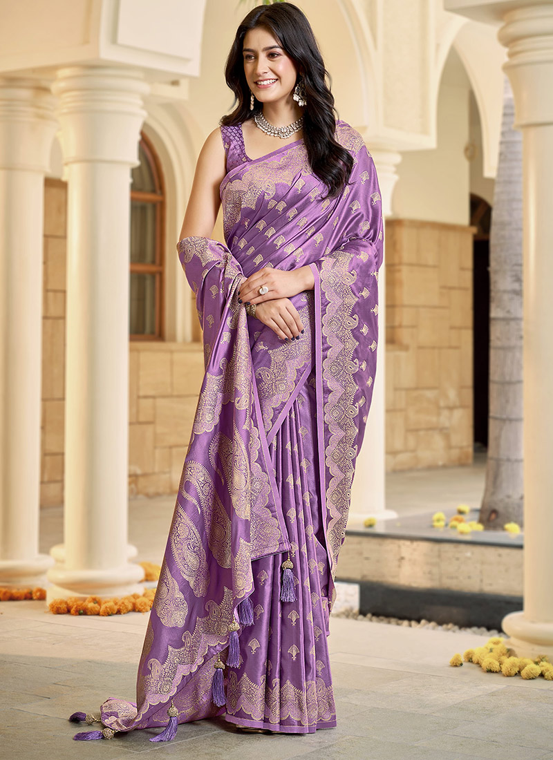 Purple Banarasi Satin Silk Regal Zari Woven Saree Festive Wear