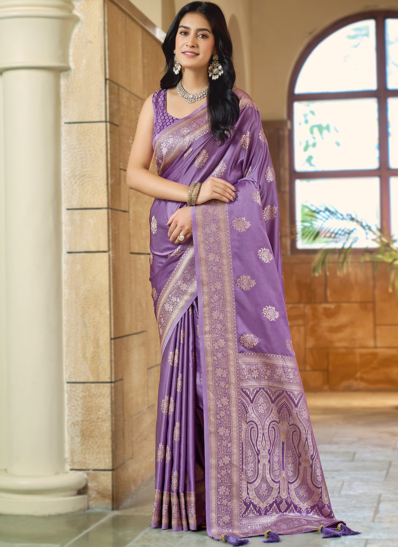 Purple Banarasi Satin Silk Regal Zari Woven Saree Festive Wear