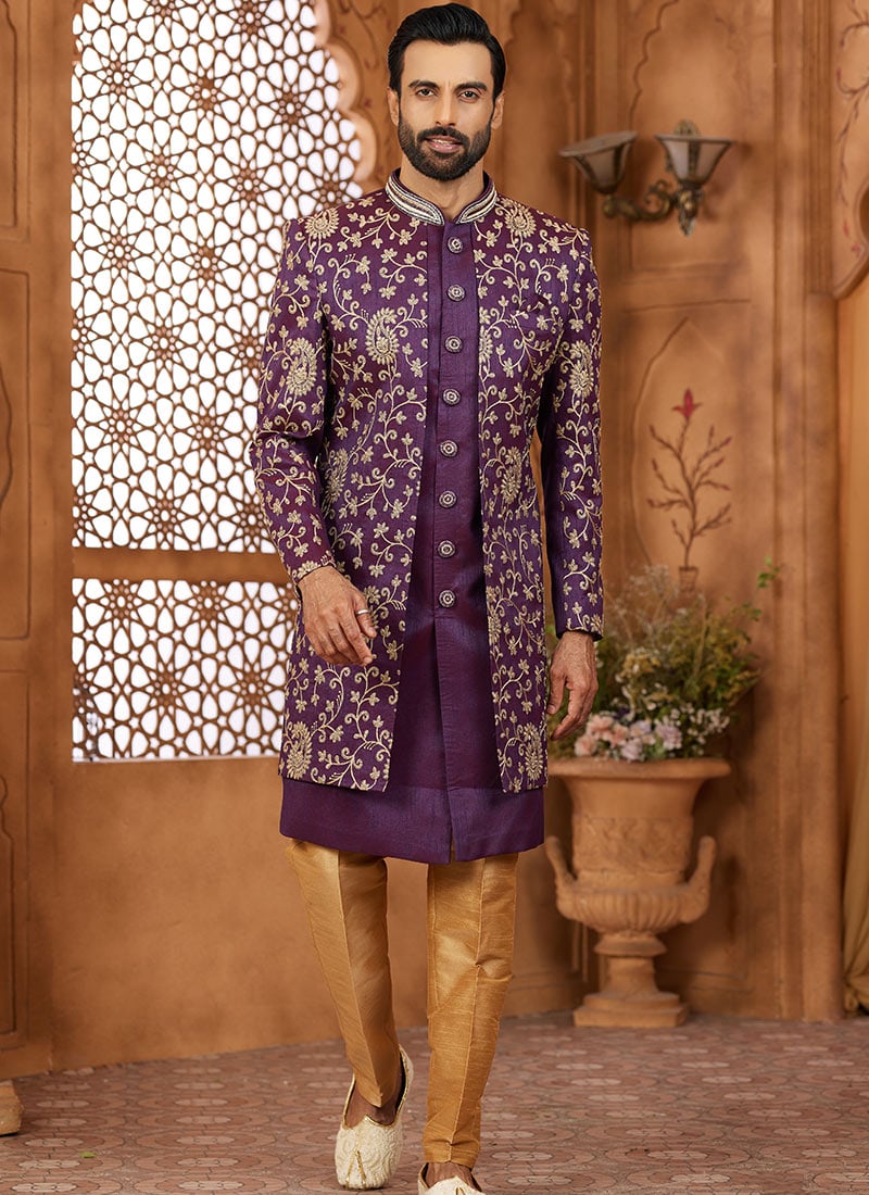 Purple Banarasi Silk Embroidered Indowestern Sherwani
