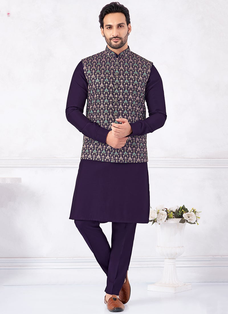 Purple Banarasi Silk Embroidered Sequins Thread Bandi Set Festive Wear