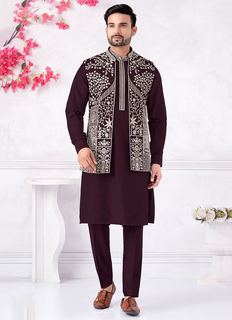 Purple Banarasi Silk Embroidered Sequins Thread Bandi Set Festive Wear