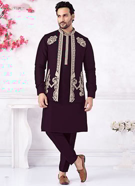 Purple Banarasi Silk Embroidered Thread Bandi Set