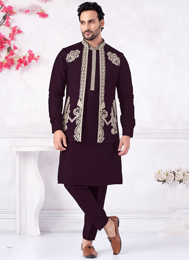 Purple Banarasi Silk Embroidered Thread Bandi Set Festive Wear