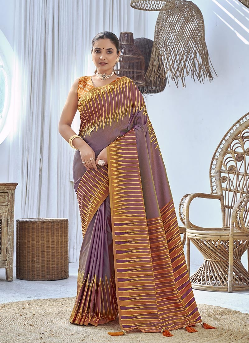 Purple Banarasi Silk Ikkat Print Saree Festive Wear