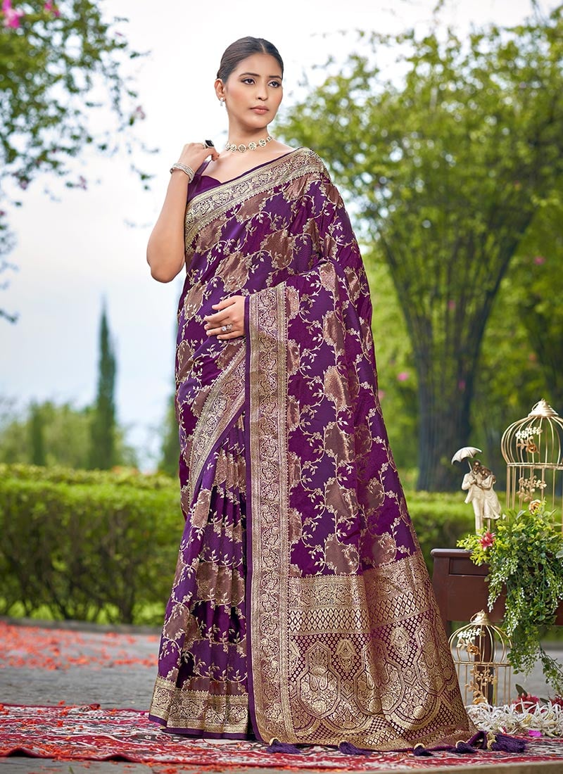 Purple Banarasi Silk Jacquard Benarasi Saree Festive Wear