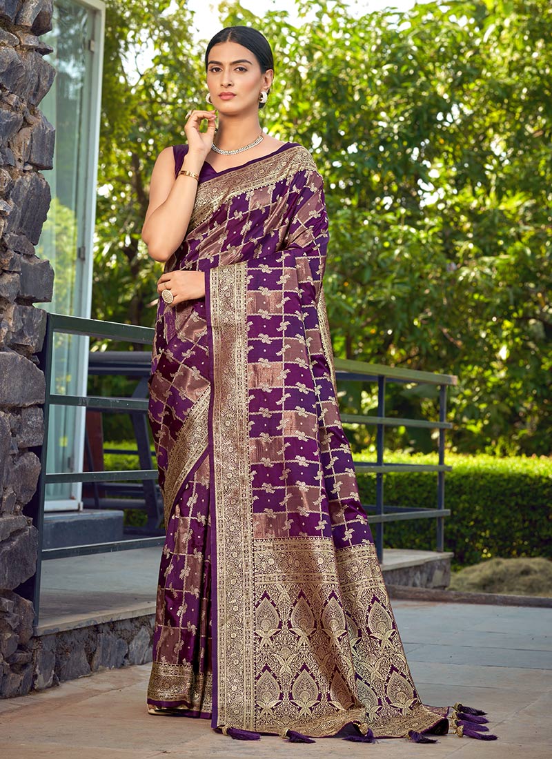 Purple Banarasi Silk Jacquard Benarasi Saree Festive Wear