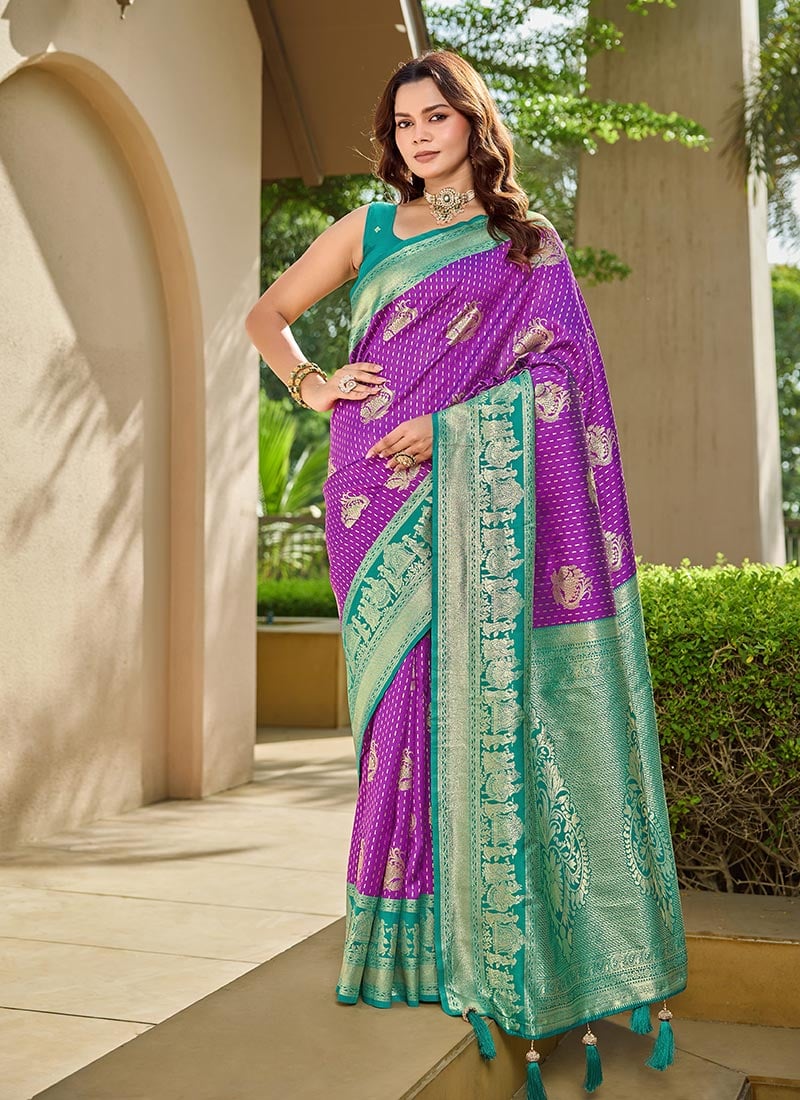 Purple Banarasi Silk Jacquard Woven Classy Saree Festive Wear