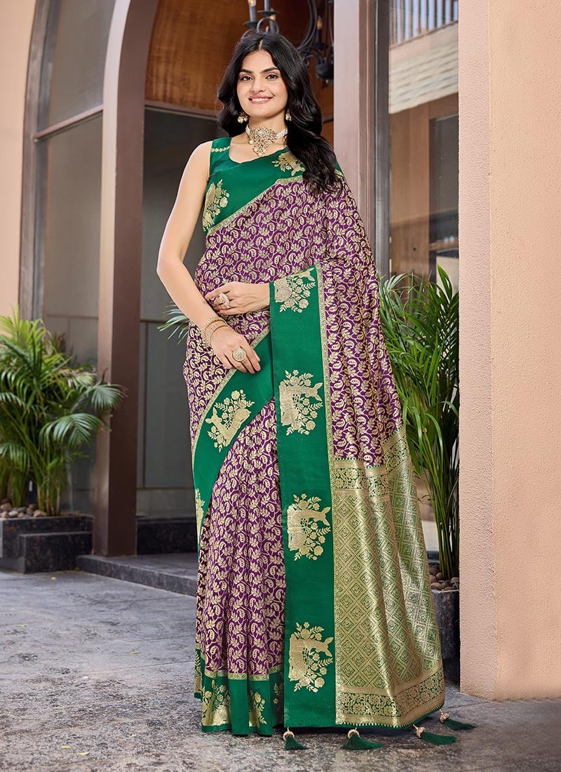 Purple Banarasi Silk Jacquard Woven Saree Festive Wear
