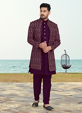 Purple Banarasi Silk Zari Embroidered Indowestern Sherwani