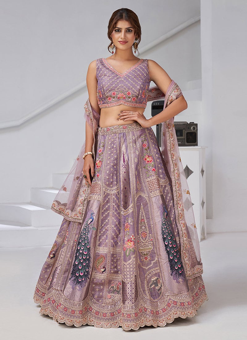 Purple Banarasi Silk Zari Embroidered Sequins With Stone Work Lehenga Wedding Wear