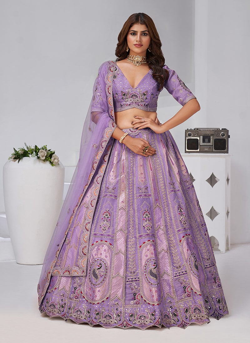 Purple Banarasi Silk Zari Embroidered Sequins With Stone Work Lehenga Wedding Wear
