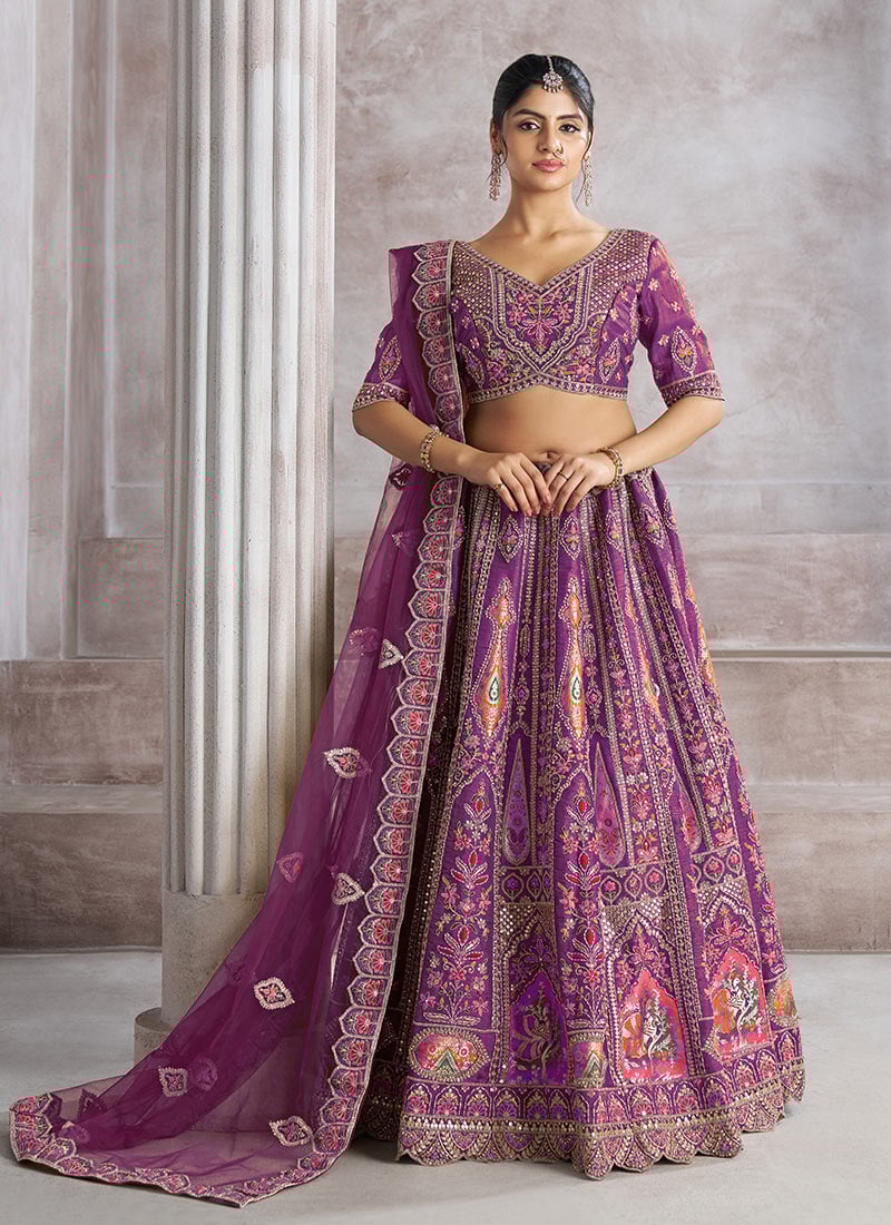 Purple Banarasi Silk Zari Embroidered Sequins With Stone Work Lehenga Wedding Wear
