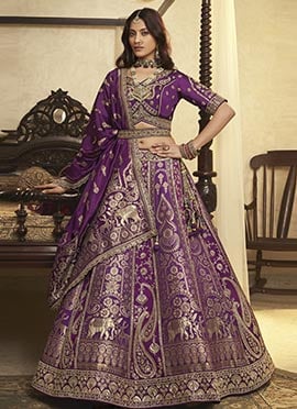 Purple Banarasi Silk Zari Embroidered Sequins With Stone Work Lehenga