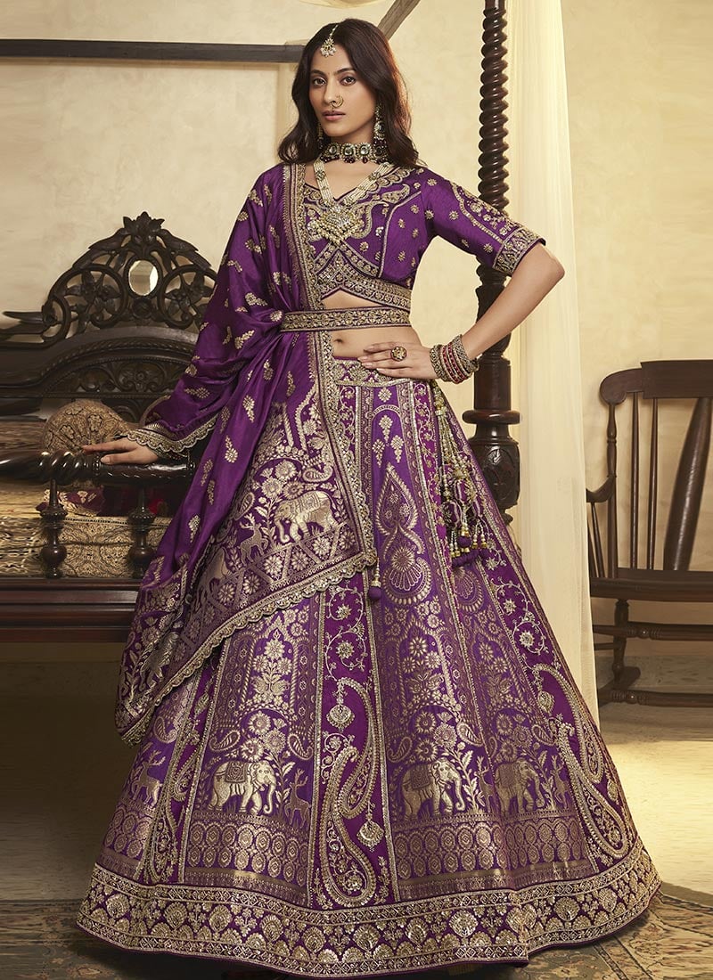 Purple Banarasi Silk Zari Embroidered Sequins With Stone Work Lehenga Wedding Wear