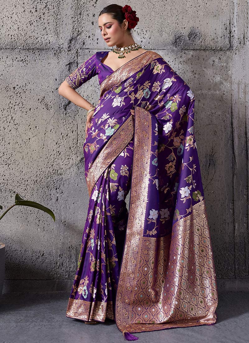 Purple Banarasi Silk Zari Jacquard And Embroidered Sequins With Beads Work Saree Festive Wear