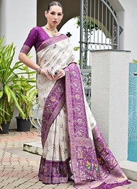 Purple Banarasi Silk Zari Jacquard Woven Ikkat Print Saree