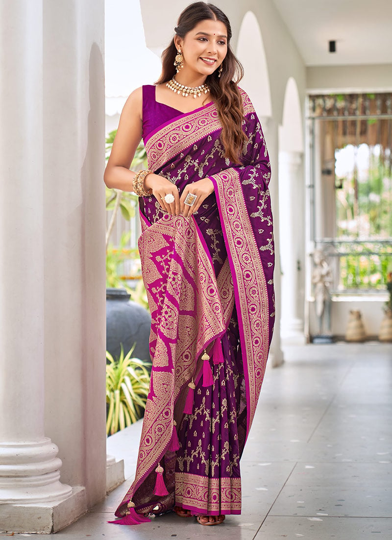 Purple Banarasi Silk Zari Woven Classy Saree Festive Wear
