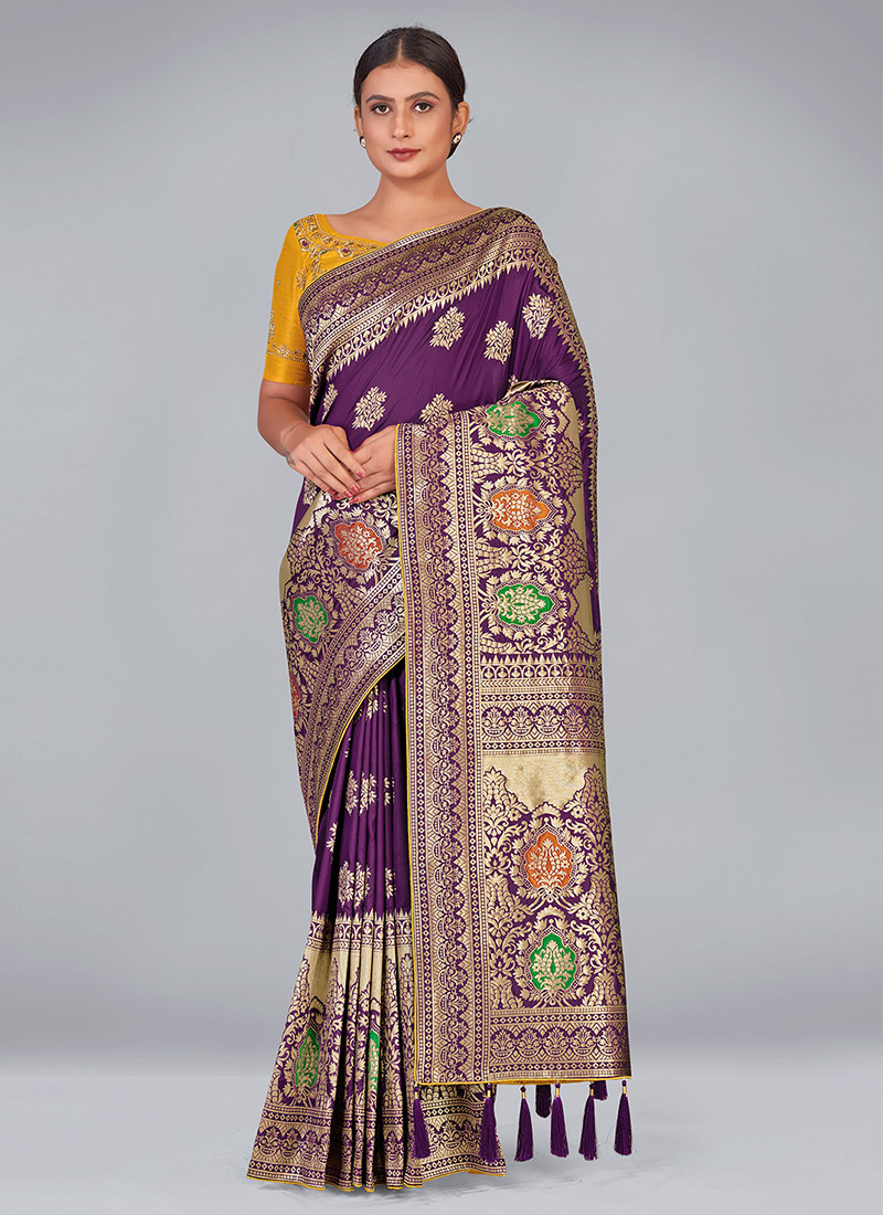 Purple Banarasi Silk Zari Woven Embroidered Saree