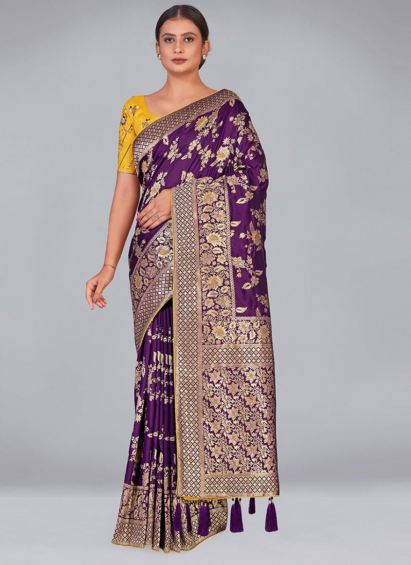Purple Banarasi Silk Zari Woven Embroidered Saree